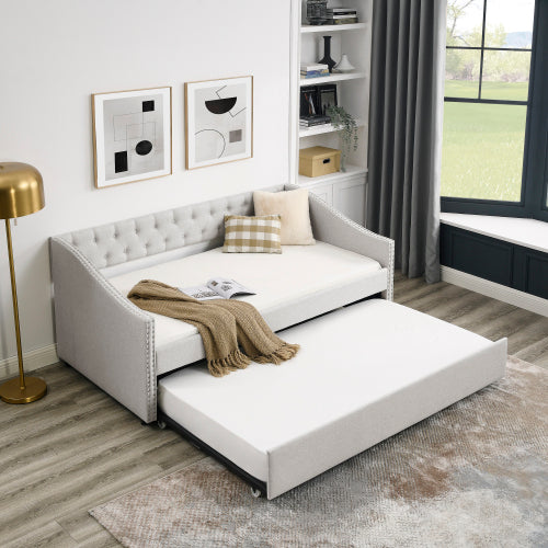 Upholstered Tufted Double Sofa Bed with Pull-Out Roller – Beige
