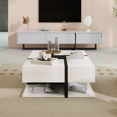 Square Coffee Table with 4 Drawers & Bottom Shelf – 78x78cm, White