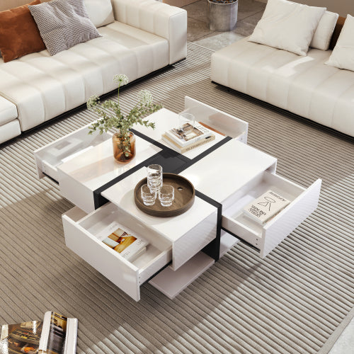 Square Coffee Table with 4 Drawers & Bottom Shelf – 78x78cm, White