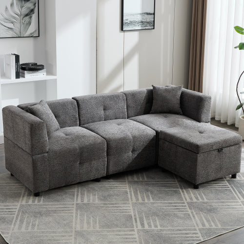 L-Shaped Sectional Sofa with Storage Ottoman & 2 Pillows – Beige, 80"