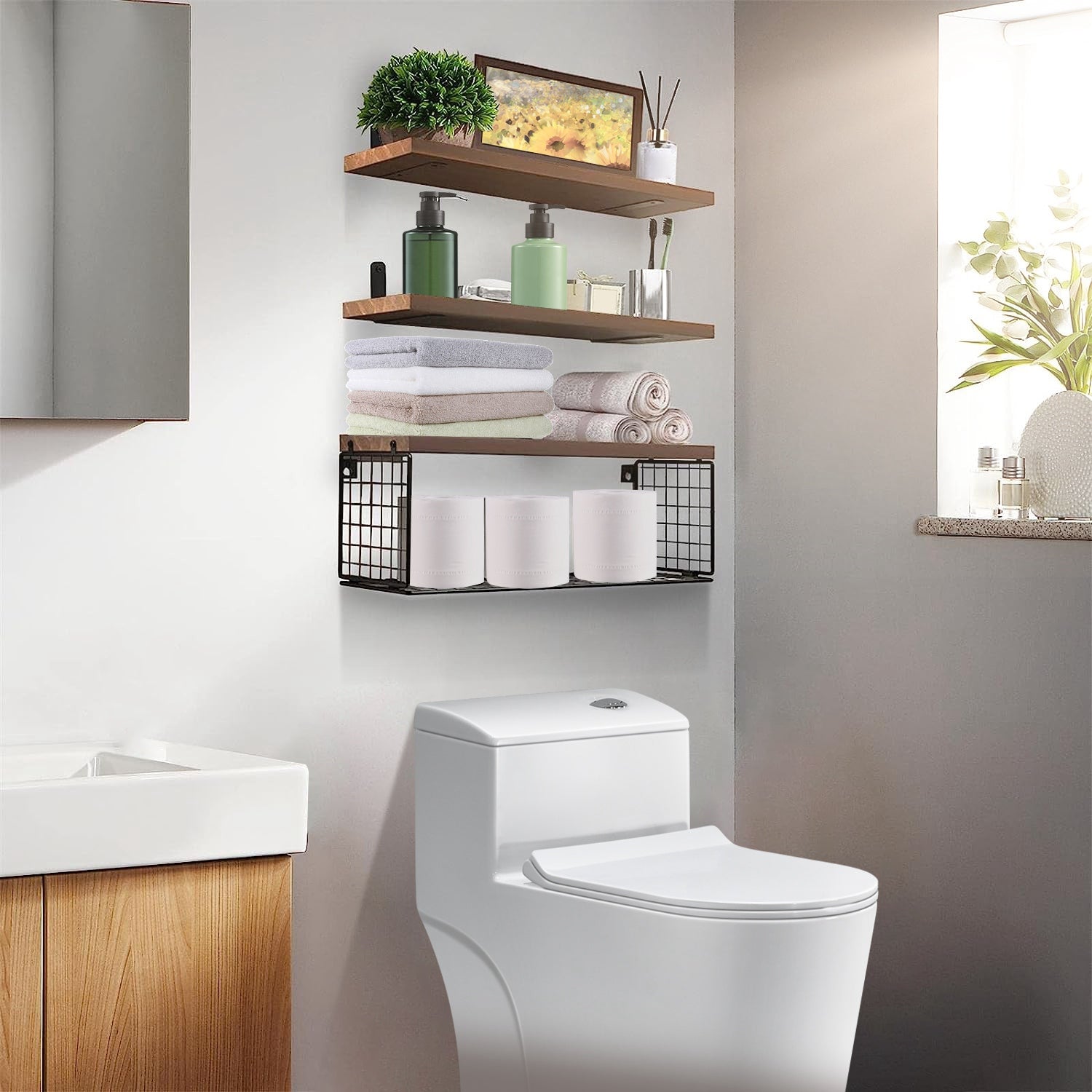 Floating Shelves Wall Mounted With Storage Basket