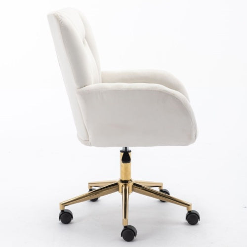 Velvet Swivel Home Office Chair with Gold Legs – Adjustable Height, Ivory
