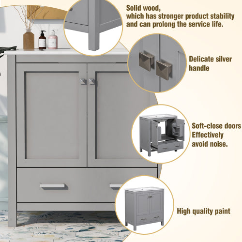 30" Gray Bathroom Vanity with Undermount Sink, 2 Doors & Drawer – Solid Wood Frame