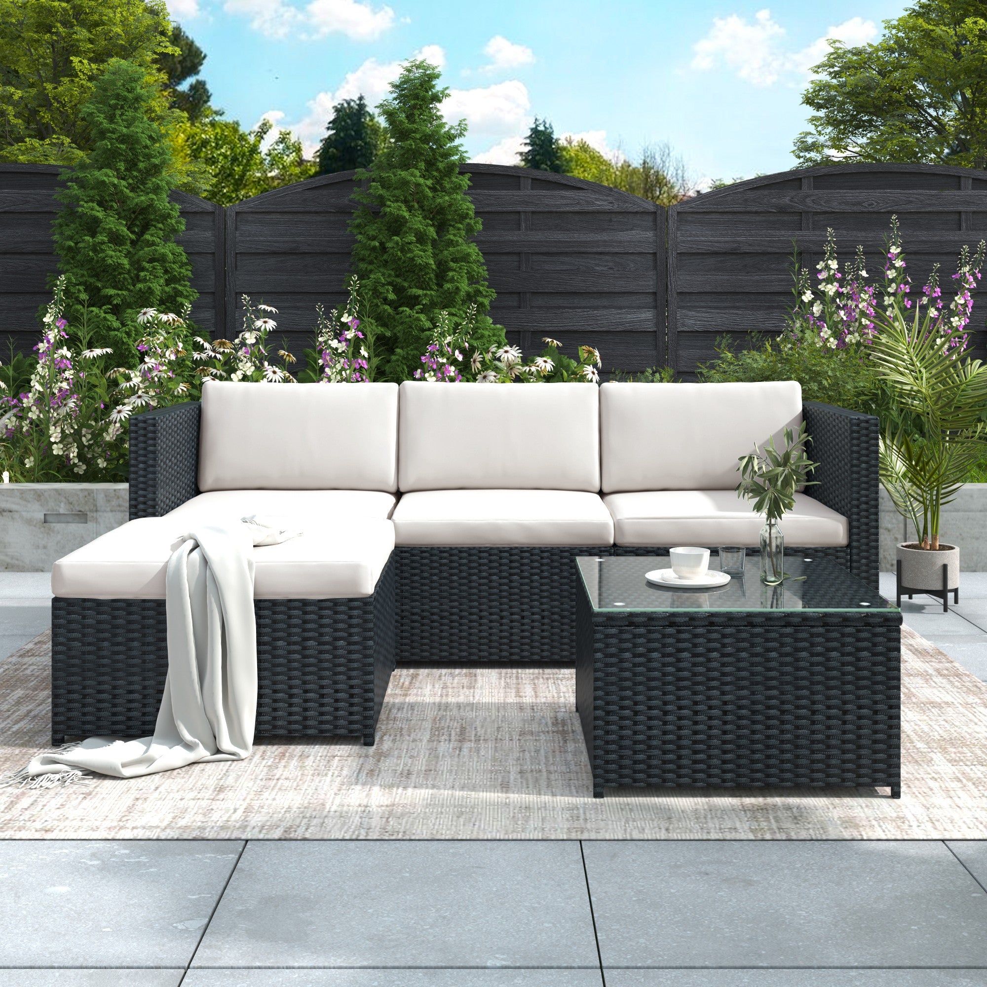 Black Rattan Garden Corner Sofa Set – Outdoor Patio Lounge Furniture