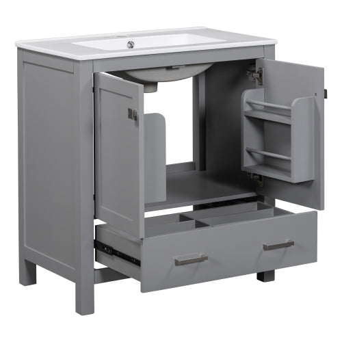 30" Gray Bathroom Vanity with Undermount Sink, 2 Doors & Drawer – Solid Wood Frame