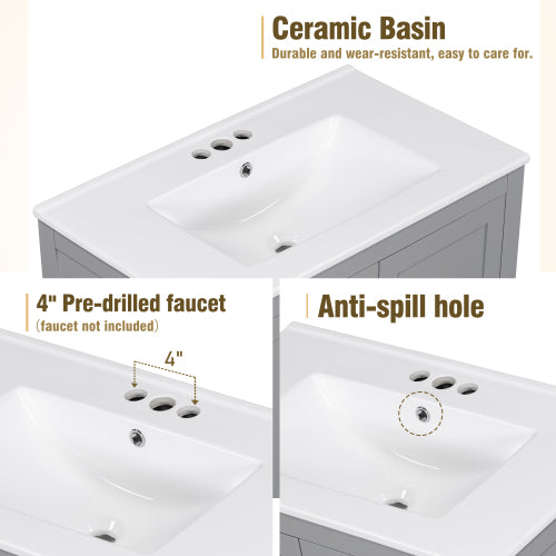 30" Gray Bathroom Vanity with Undermount Sink, 2 Doors & Drawer – Solid Wood Frame