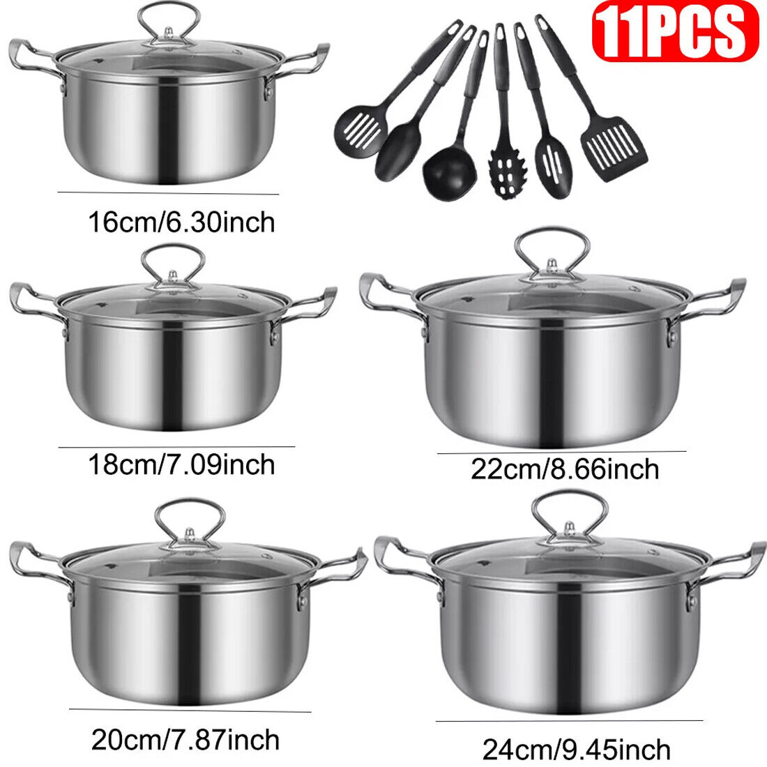 Induction Non Stick Stainless Steel Cookware With Lids Set, 11 pcs