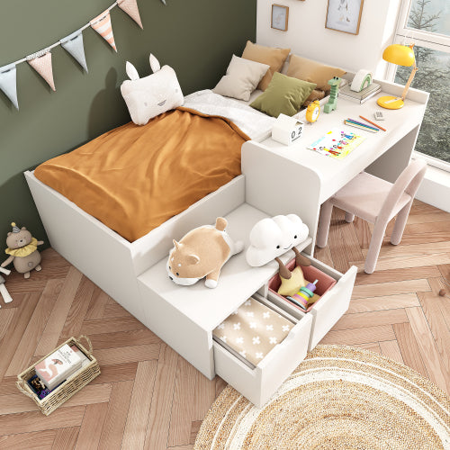 Kids Single Bed With Desk And Drawers, 90 X190 Cm, White, 3ft Kids Wooden Bed With Storage, Single Bed With Slatted Frame, Lying Surface For Teenagers & Adults