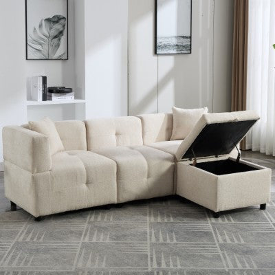 L-Shaped Sectional Sofa with Storage Ottoman & 2 Pillows – Beige, 80"
