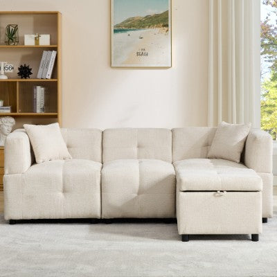 L-Shaped Sectional Sofa with Storage Ottoman & 2 Pillows – Beige, 80"