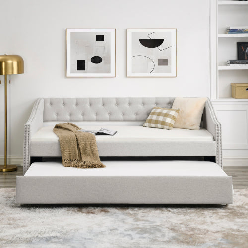 Upholstered Tufted Double Sofa Bed with Pull-Out Roller – Beige
