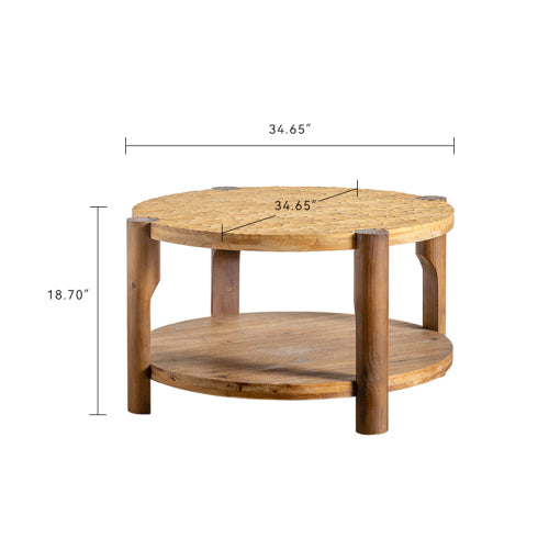 2-Tier Round Coffee Table with Solid Wood Legs & Storage Shelf – Natural Wood