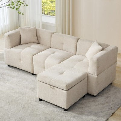 L-Shaped Sectional Sofa with Storage Ottoman & 2 Pillows – Beige, 80"