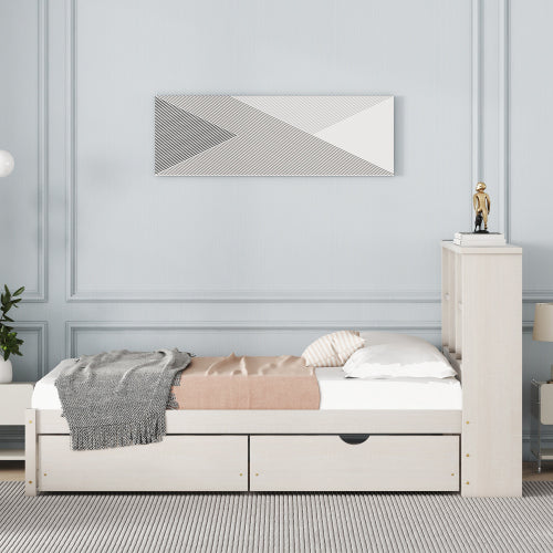 Twin Bed Frame with Bookcase Headboard, USB Port & 2 Storage Drawers – White Washed