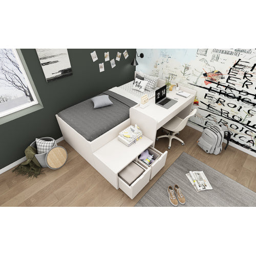 Kids Single Bed With Desk And Drawers, 90 X190 Cm, White, 3ft Kids Wooden Bed With Storage, Single Bed With Slatted Frame, Lying Surface For Teenagers & Adults