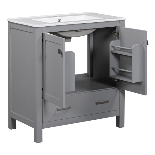 30" Gray Bathroom Vanity with Undermount Sink, 2 Doors & Drawer – Solid Wood Frame