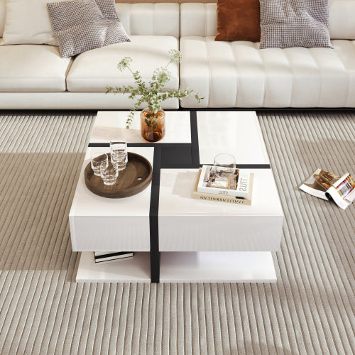 Square Coffee Table with 4 Drawers & Bottom Shelf – 78x78cm, White