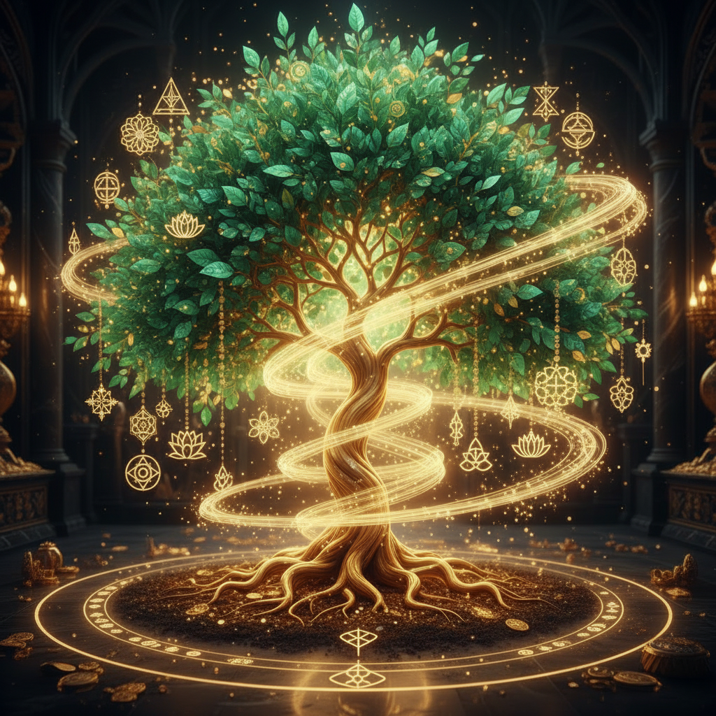 A golden glowing wealth manifestation tree with mystical abundance energy